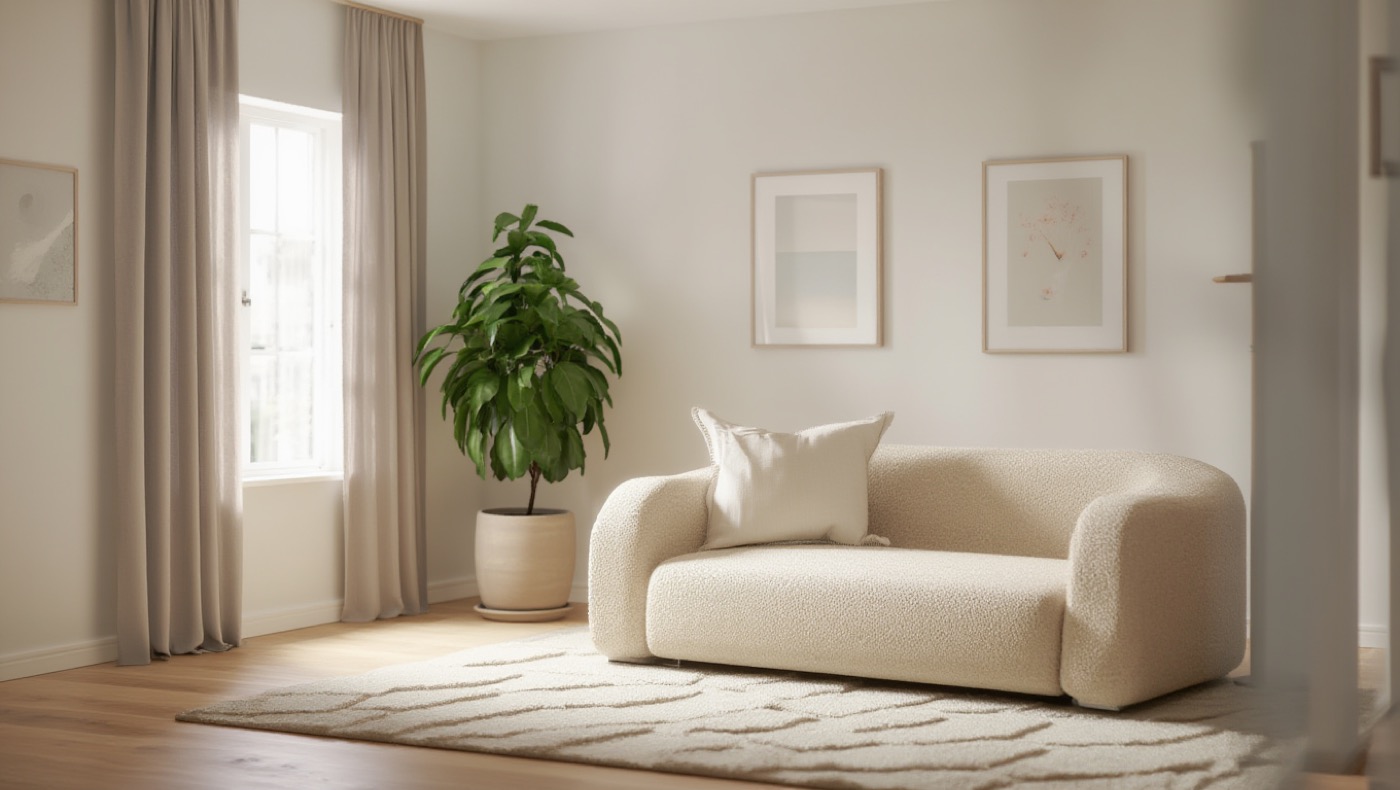 The same room redesigned in a warm Scandinavian style with a boucle sofa and oak floor