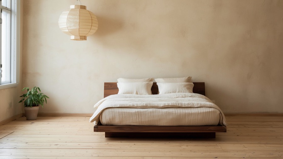 The same bedroom redesigned into a calm Japandi bedroom with a low walnut bed and warm plaster walls