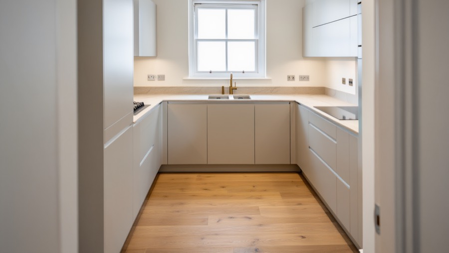 The same kitchen redesigned into a modern kitchen with handleless cabinets, stone worktop and brass tap