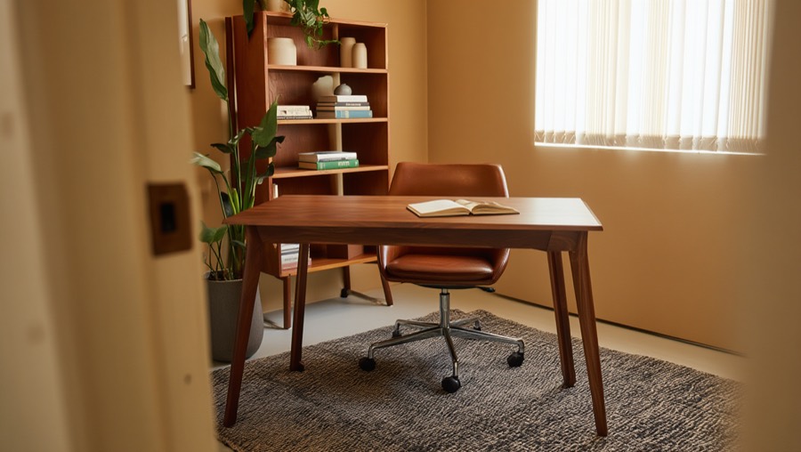 The same home office redesigned into a mid-century study with a walnut desk, leather chair and wool rug