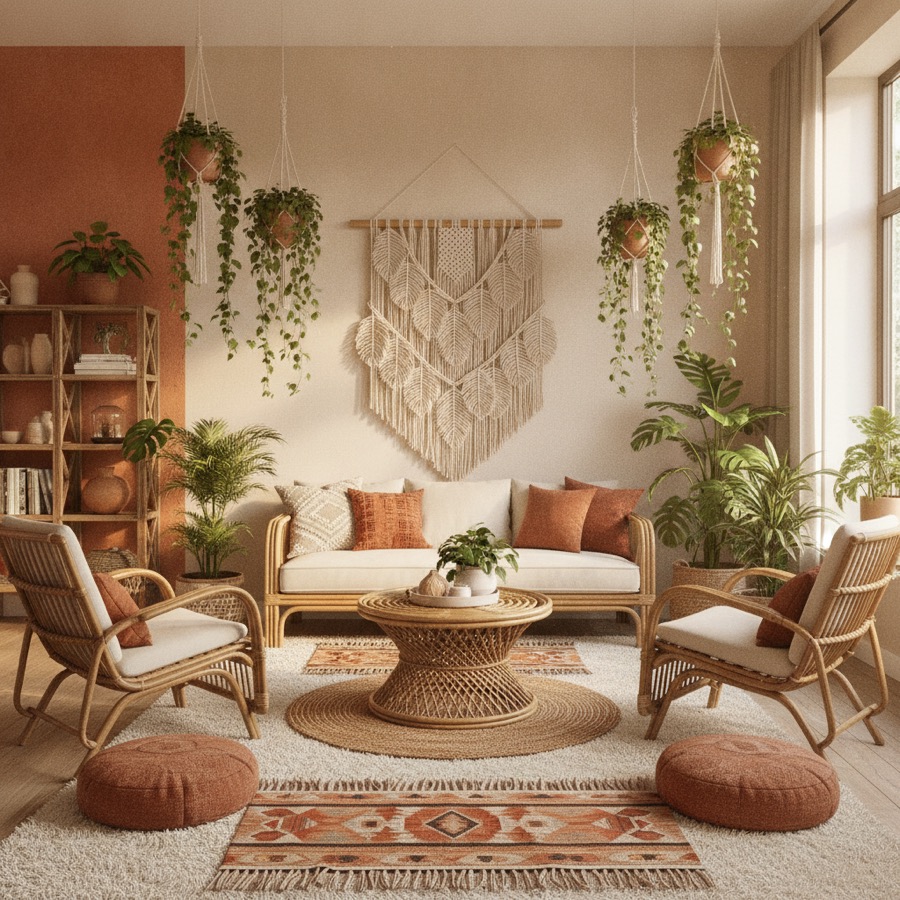 A living room in boho interior design style