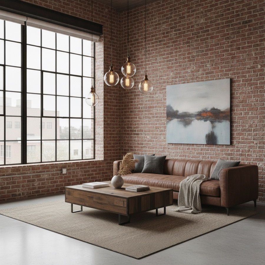 A living room in industrial interior design style