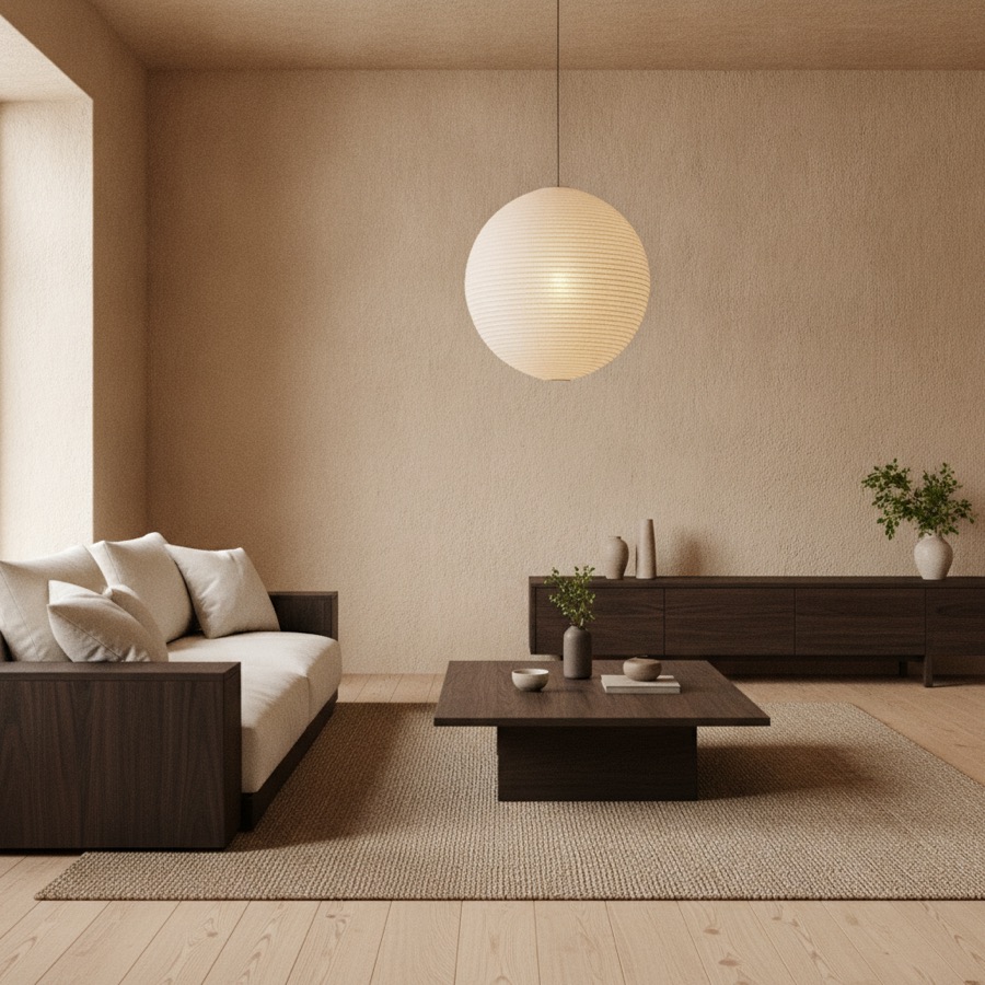 A living room in japandi interior design style