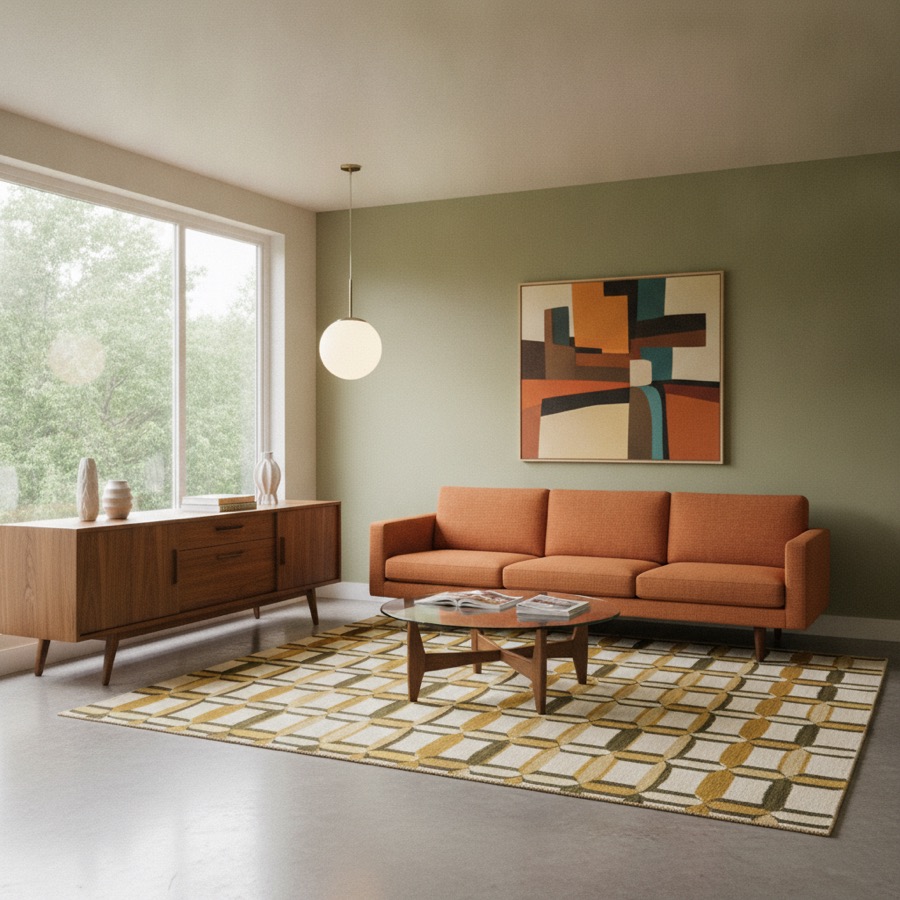 A living room in mid-century interior design style