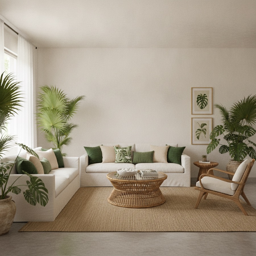 A living room in tropical interior design style